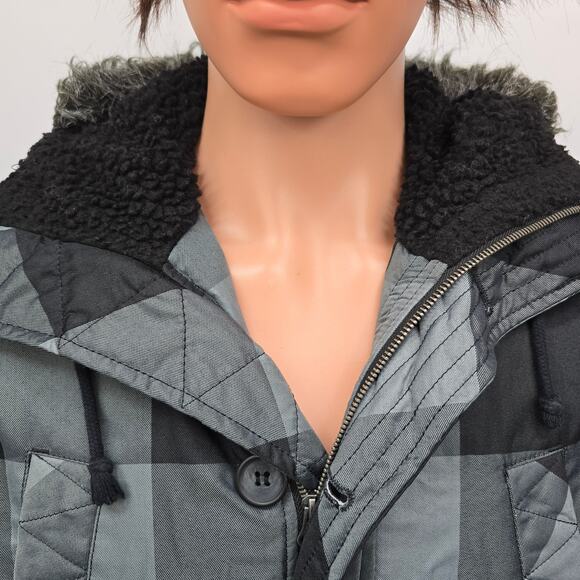 Legendary Goods Hooded Winter Coat Jacket Zip-up Button Men S/M Black Gray Check - Picture 6 of 12